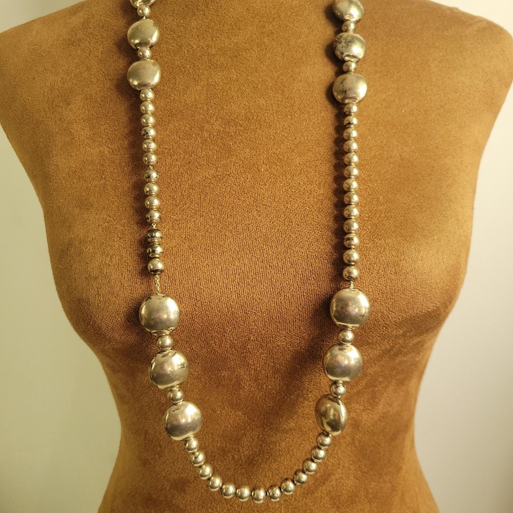 Heavy Solid Sterling Silver Bead Necklace 111g 925 Modernist Puffed Lentil Disc